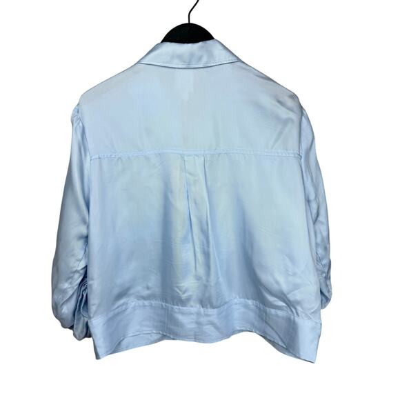 CINQ A SEPT Dale Ruched Sleeve Cupro Blue Satin Jacket - Picture 7 of 9